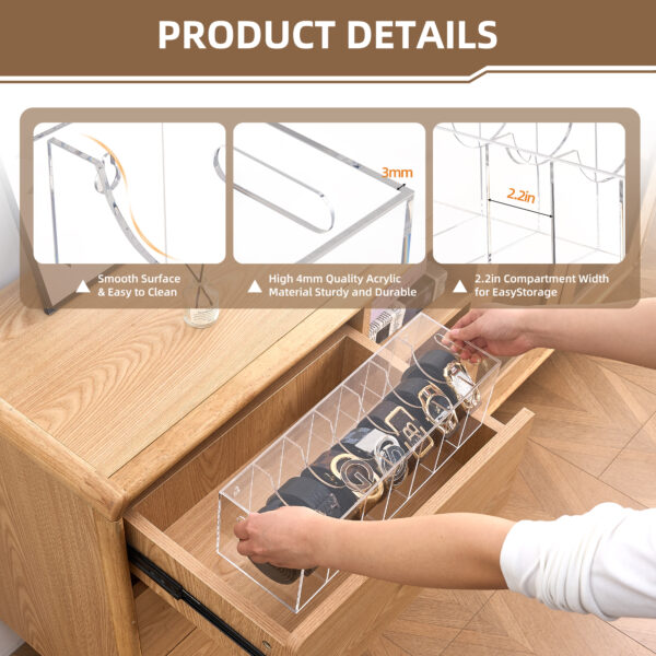 COOLBLANG Belt Organizer, Acrylic Belt Storage for Closet with Dust Cover, Clear Belt Container Display Holder for Drawer, Clear Belt Tie Case Hanger 7 Compartments Men Home (Transparent, Large) - Image 3