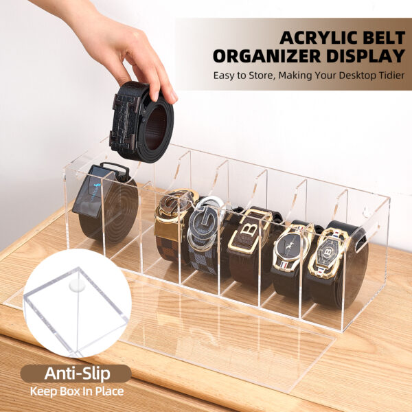 COOLBLANG Belt Organizer, Acrylic Belt Storage for Closet with Dust Cover, Clear Belt Container Display Holder for Drawer, Clear Belt Tie Case Hanger 7 Compartments Men Home (Transparent, Large) - Image 7